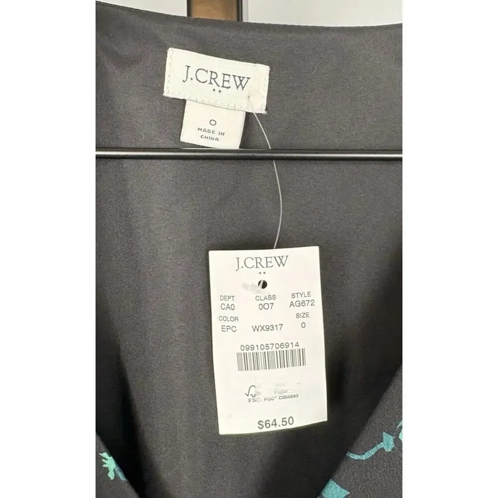 J. Crew Satin Back Crepe Button-front Blouse 0 Black Green Floral V-Neck NWT - Picture 5 of 12